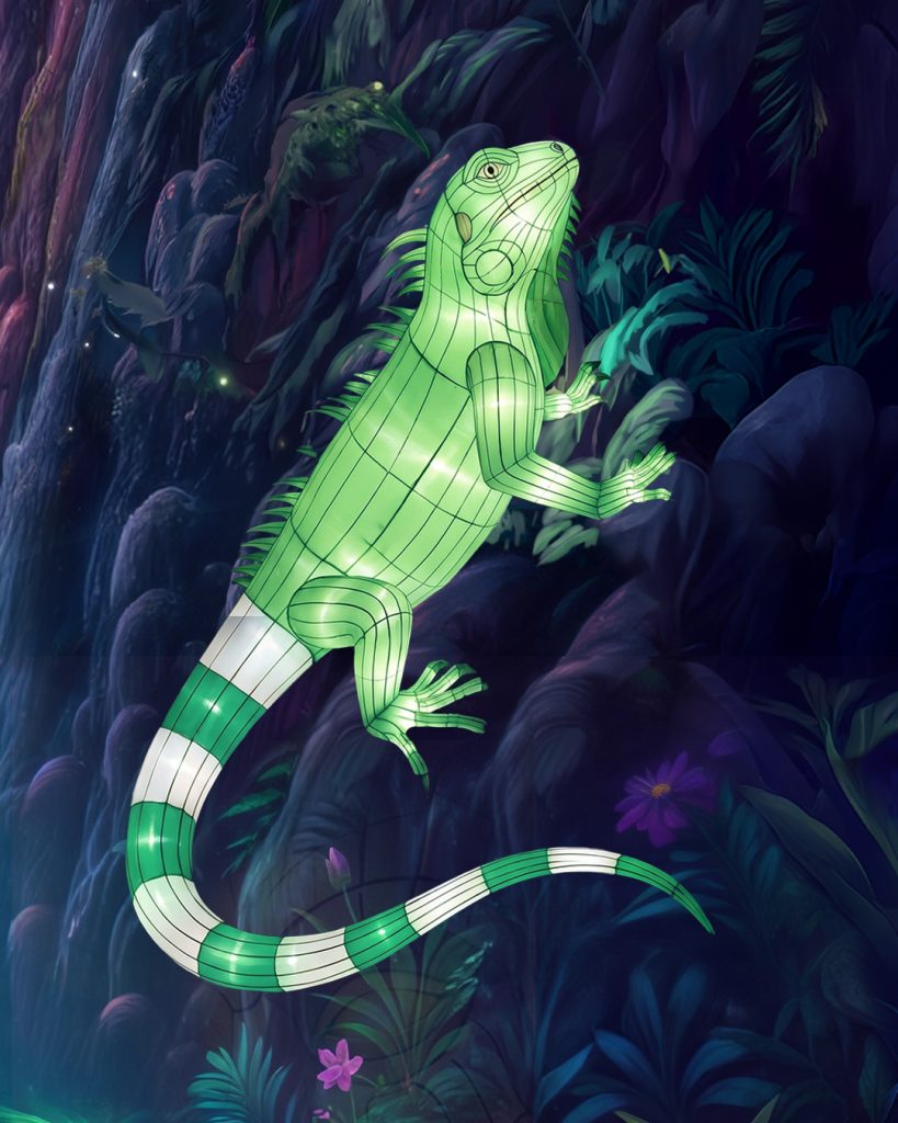 Caméléon lumineux du parcours Thoiry Lumières Sauvages